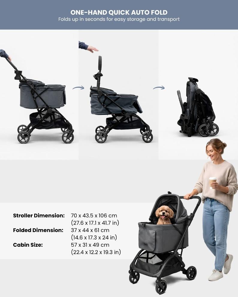 Multi-purpose cat and dog stroller with one-hand quick fold system
