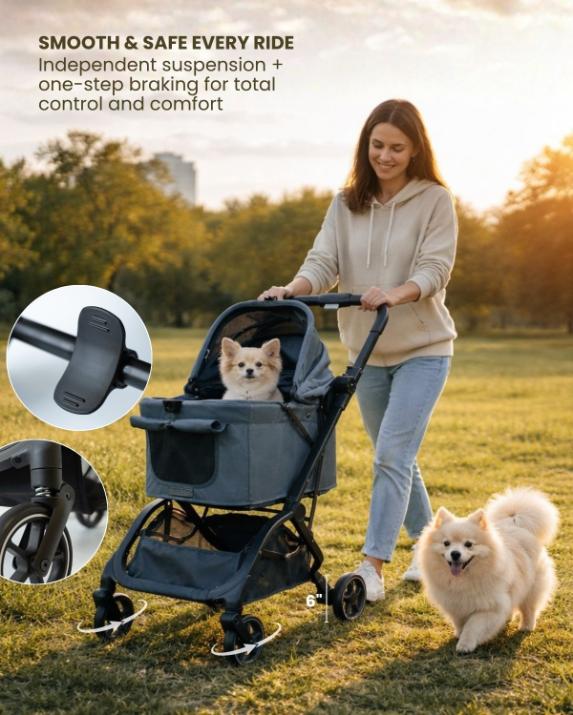 Portable dog stroller with spacious cabin and smooth suspension system