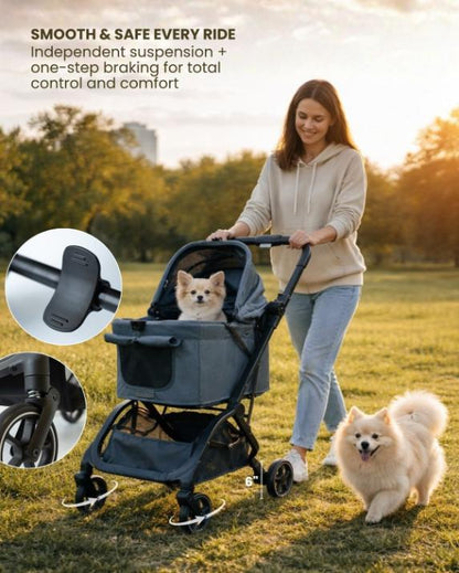 Portable dog stroller with spacious cabin and smooth suspension system
