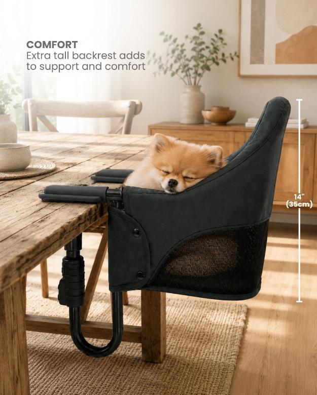 Travel pet chair seat with clip-on attachment for tables and comfort support
