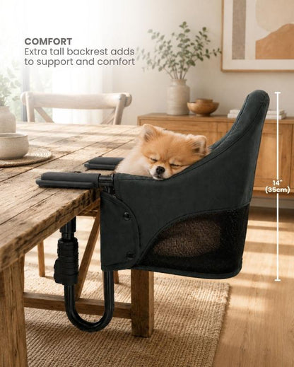 Travel pet chair seat with clip-on attachment for tables and comfort support
