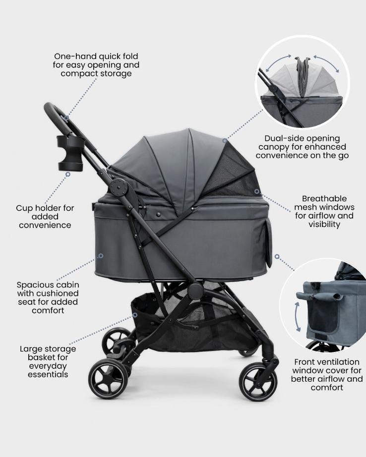 Travel pet stroller for cats and small dogs with dual-side opening canopy