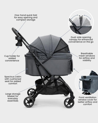 Travel pet stroller for cats and small dogs with dual-side opening canopy